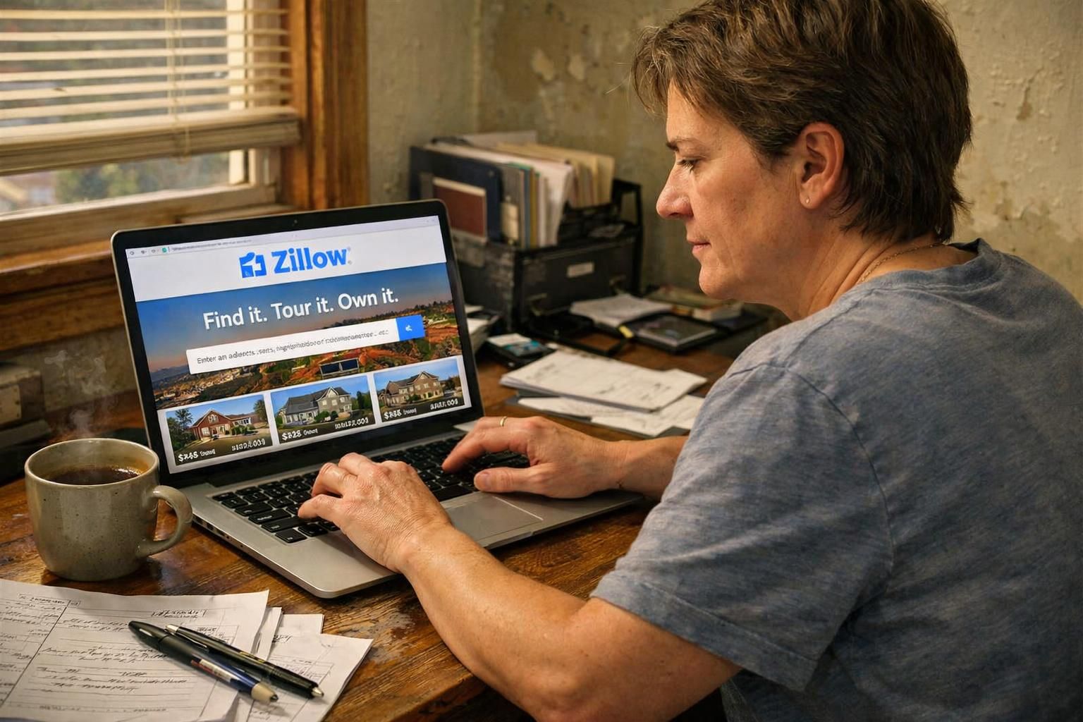 A home appraiser reviews Zillow in a cluttered, cozy office. A home appraiser reviews Zillow in a cluttered, cozy office.