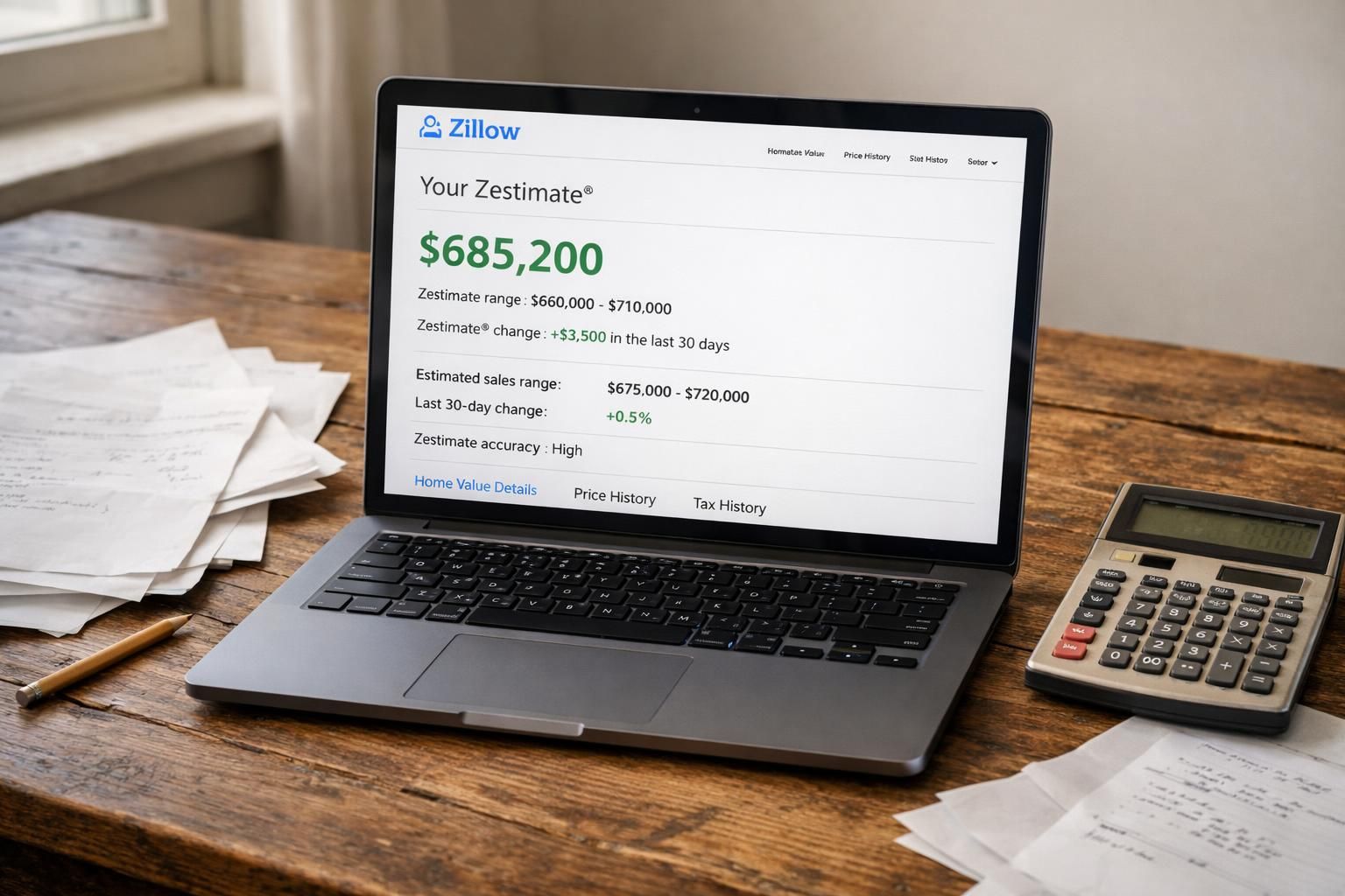A modern laptop on a wooden desk with scattered paperwork and a calculator. A modern laptop on a wooden desk with scattered paperwork and a calculator.