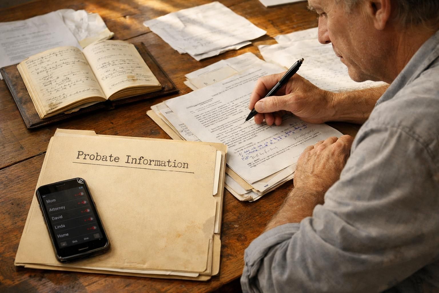A person diligently works at a cluttered desk filled with documents. A person diligently works at a cluttered desk filled with documents.