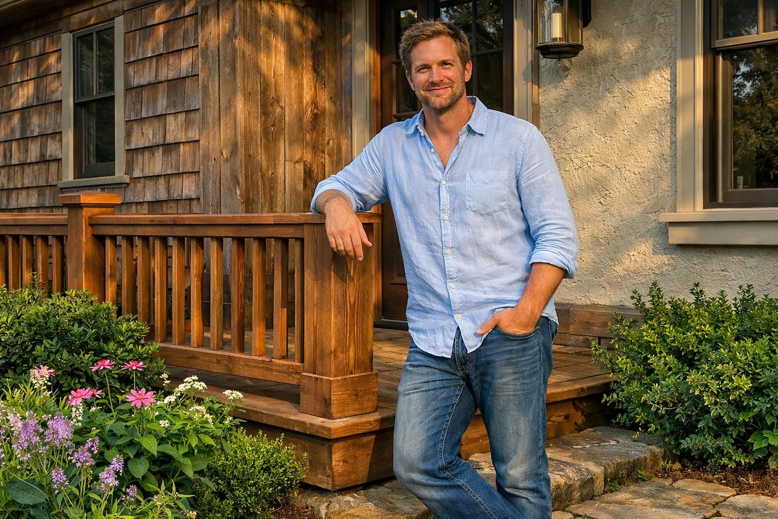 A rustic home features a beautifully renovated porch and vibrant landscaping. A rustic home features a beautifully renovated porch and vibrant landscaping.