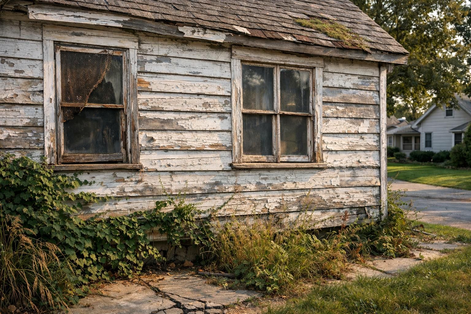 Weathered wooden house surrounded by overgrown greenery and nearby homes.