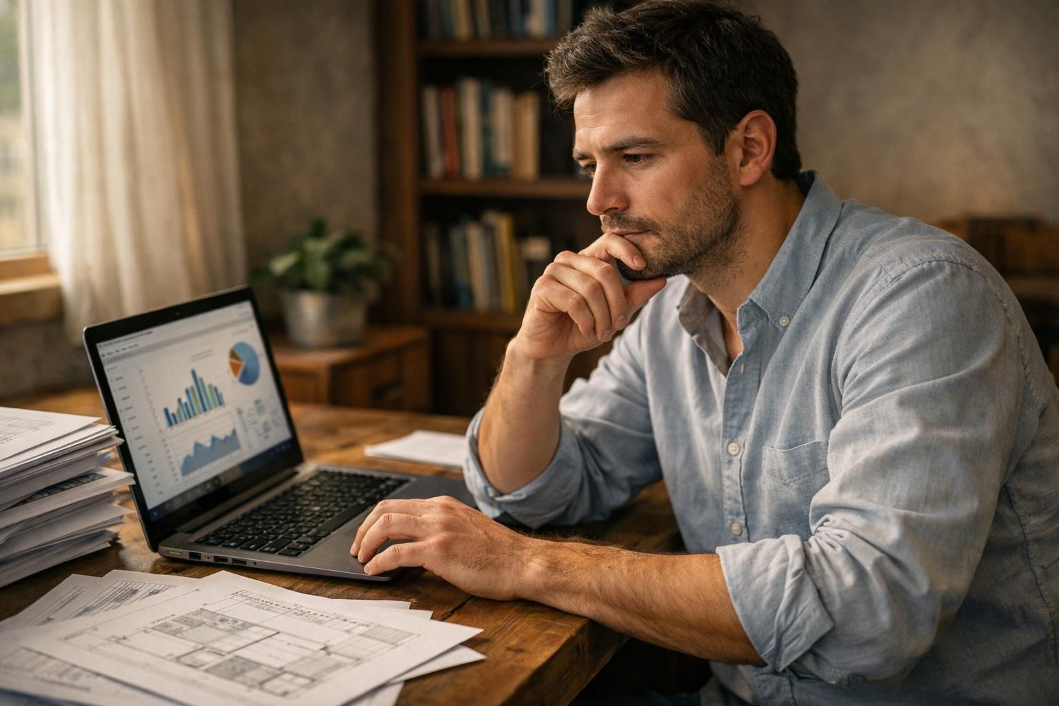 A person thoughtfully reviews architectural documents at a cluttered desk.