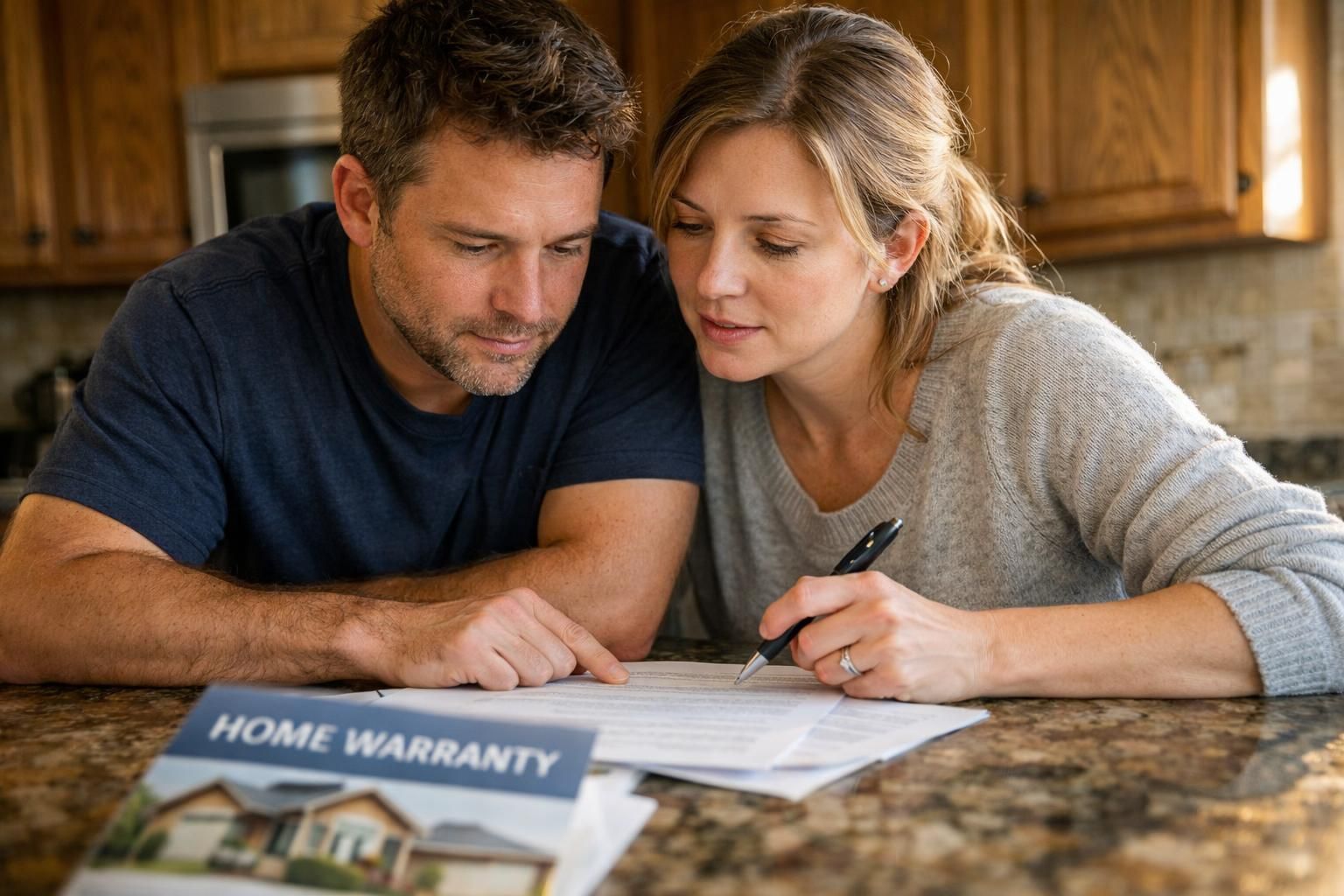A couple collaborates on important paperwork in their cozy kitchen.