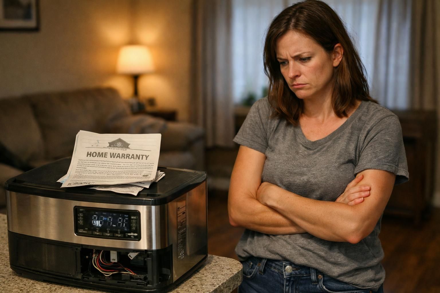 A frustrated woman struggles with a malfunctioning appliance and warranty issues.