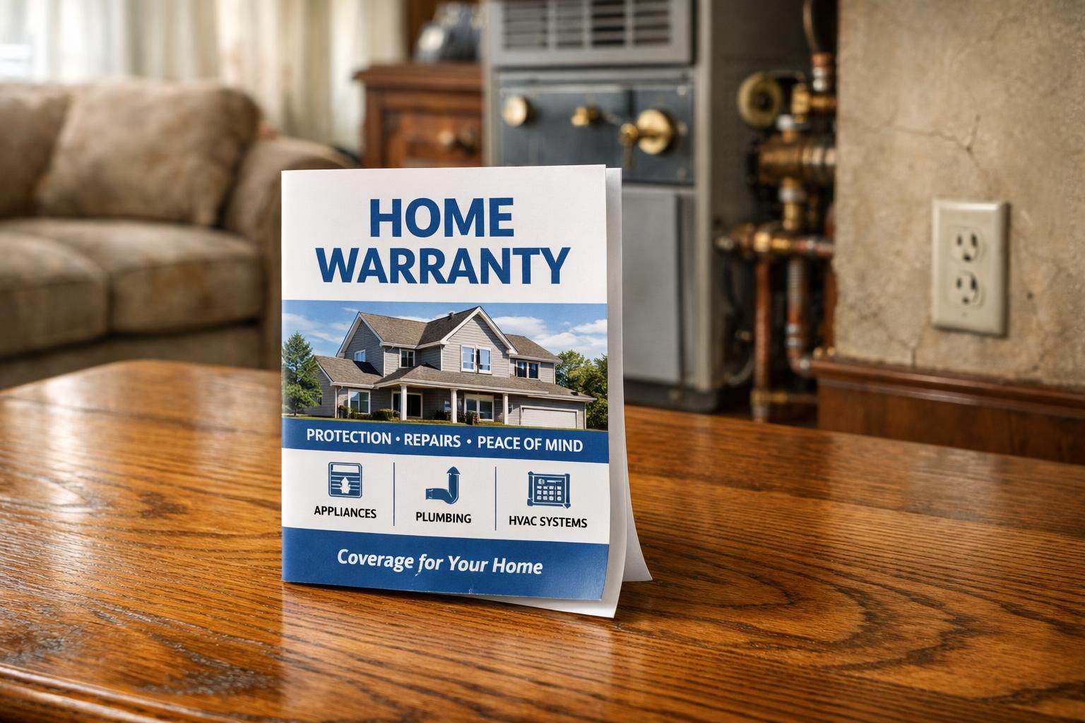 A home warranty brochure rests on a polished oak table.