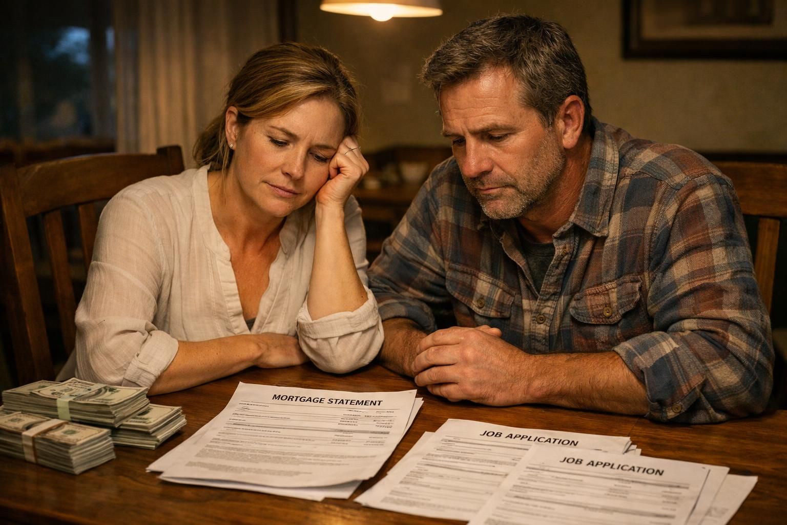 A concerned couple reviews bills and job applications at their dining table. A concerned couple reviews bills and job applications at their dining table.