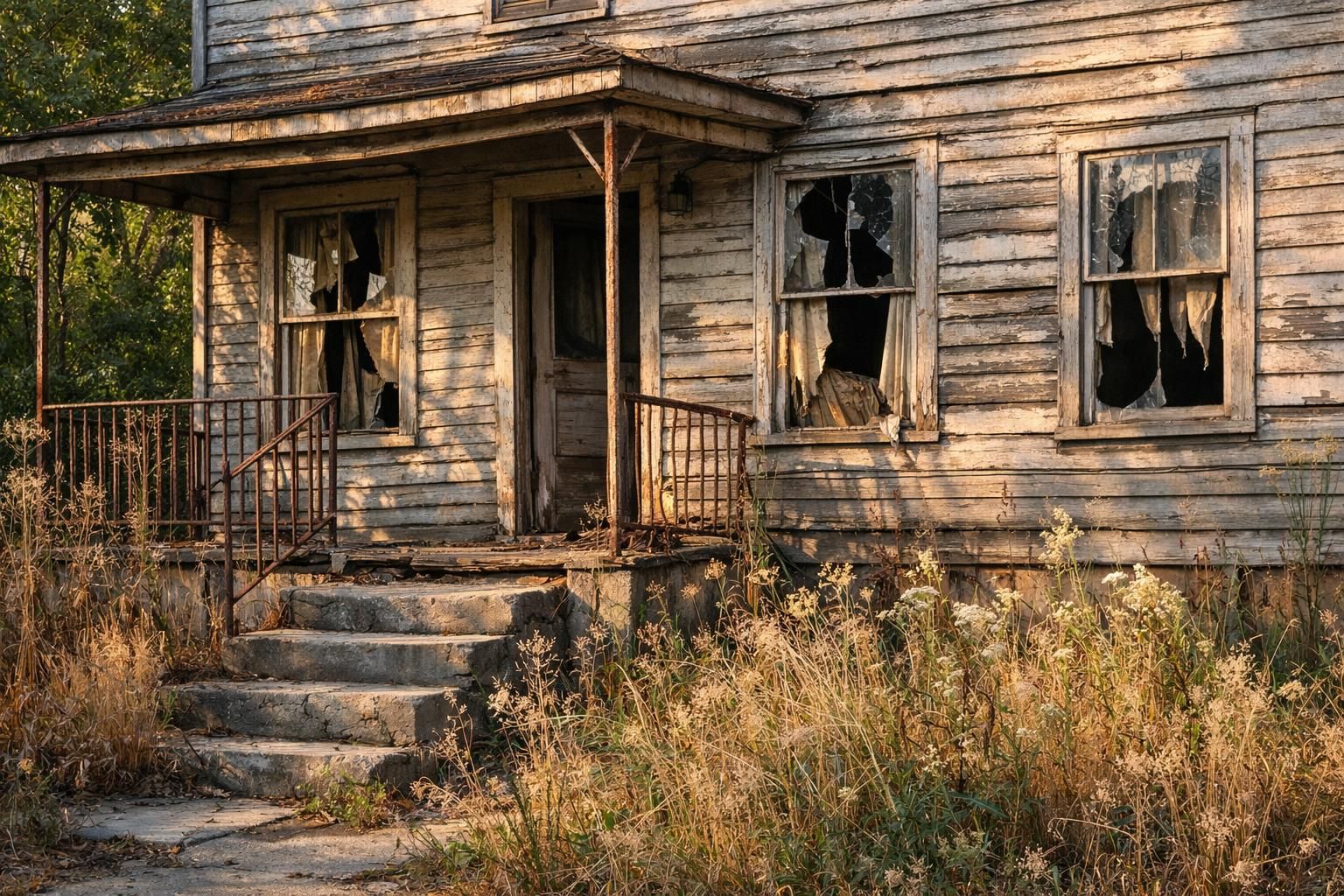 Abandoned wooden house with peeling paint and overgrown weeds. Abandoned wooden house with peeling paint and overgrown weeds.