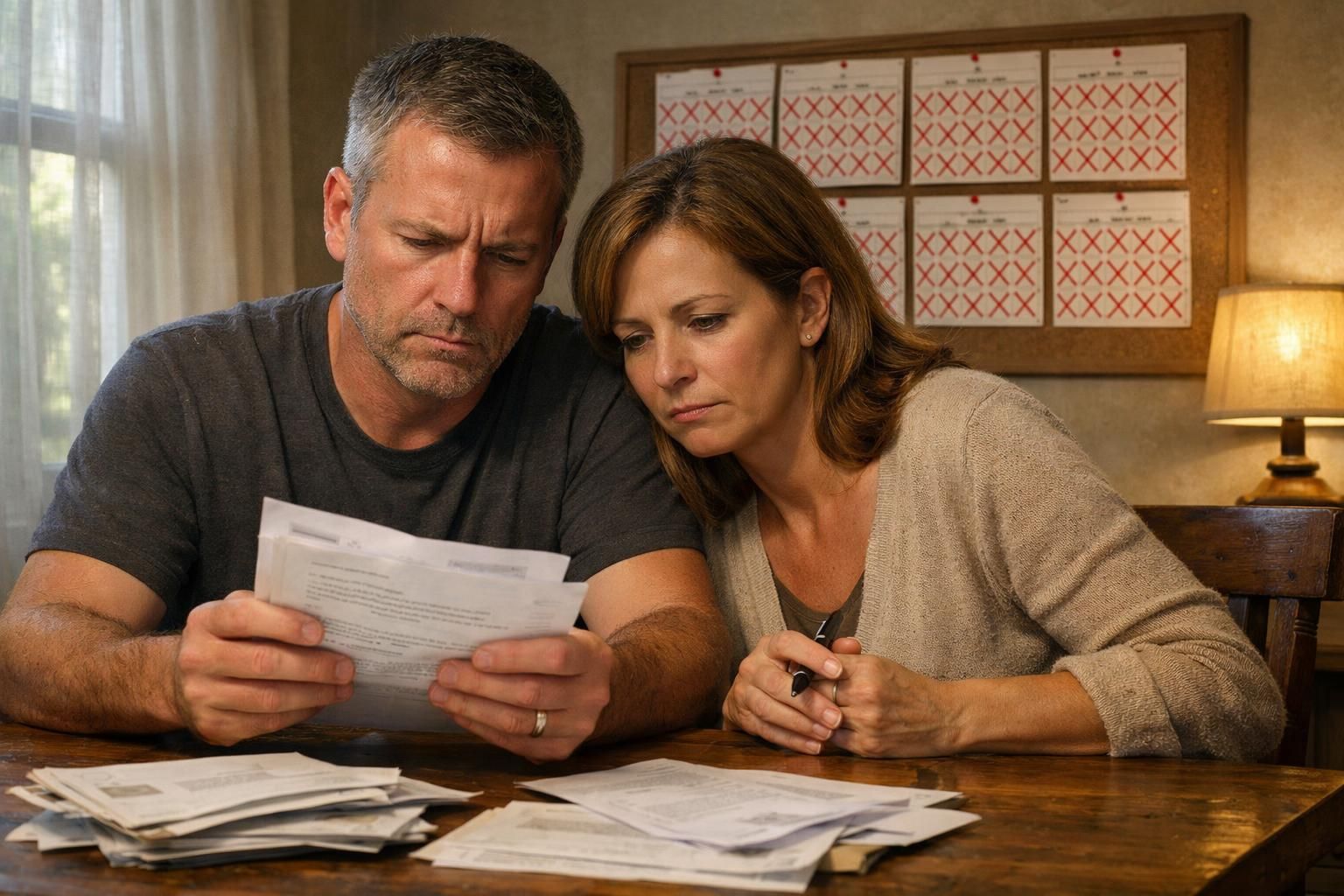 A couple reviews overdue mortgage documents at their dining table. A couple reviews overdue mortgage documents at their dining table.