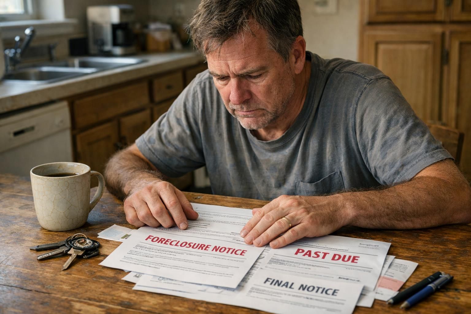 A distressed man examines foreclosure notices and unpaid bills at home. A distressed man examines foreclosure notices and unpaid bills at home.