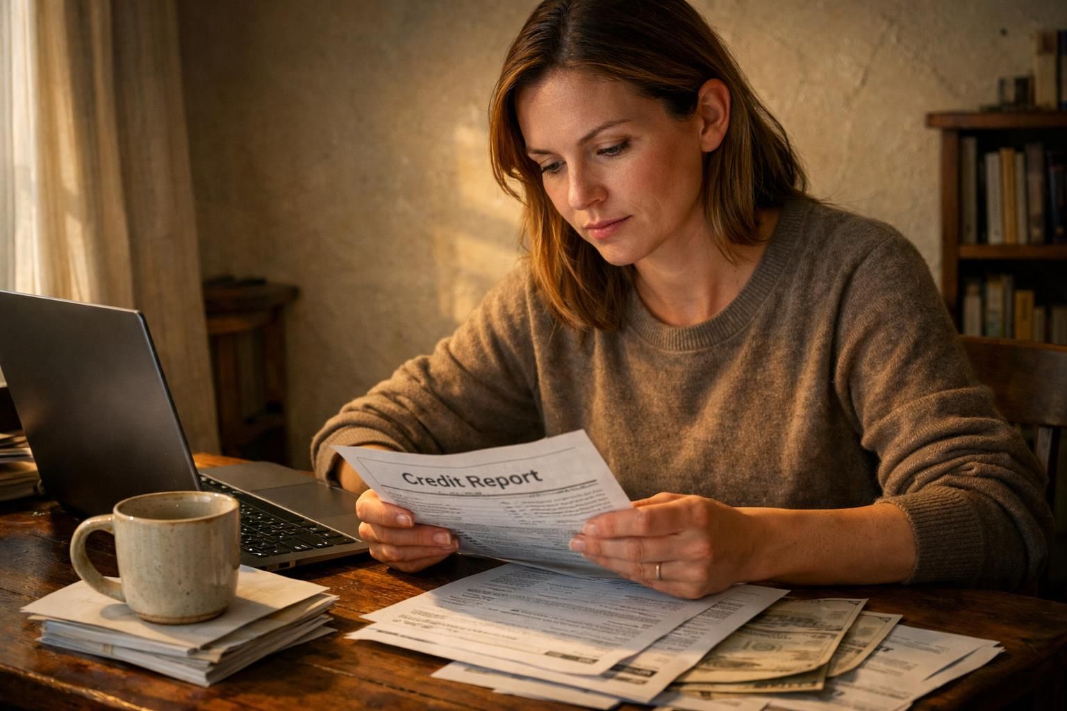A focused woman reviews financial documents at a cluttered desk. A focused woman reviews financial documents at a cluttered desk.
