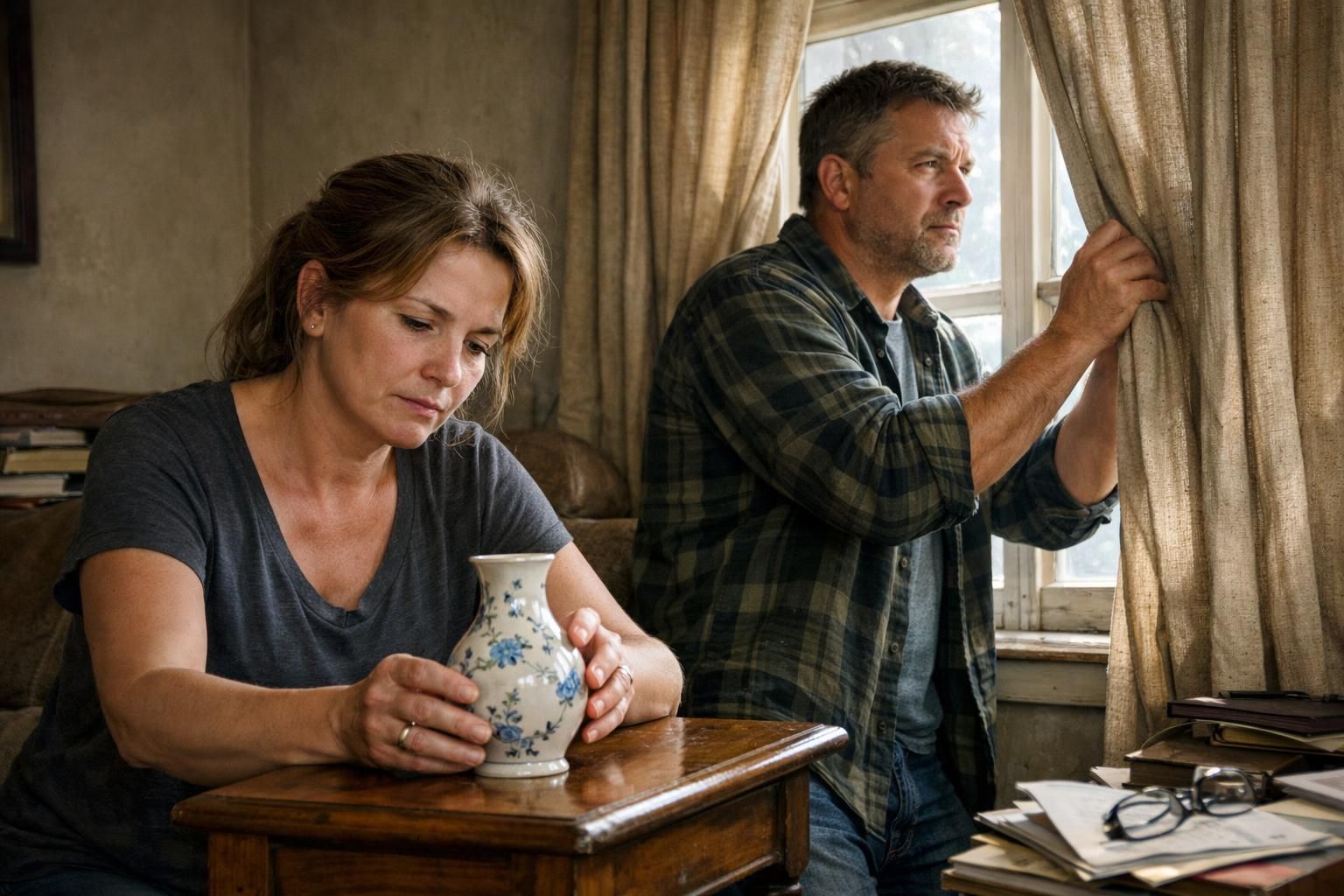 A couple anxiously prepares their living room for an unknown event.