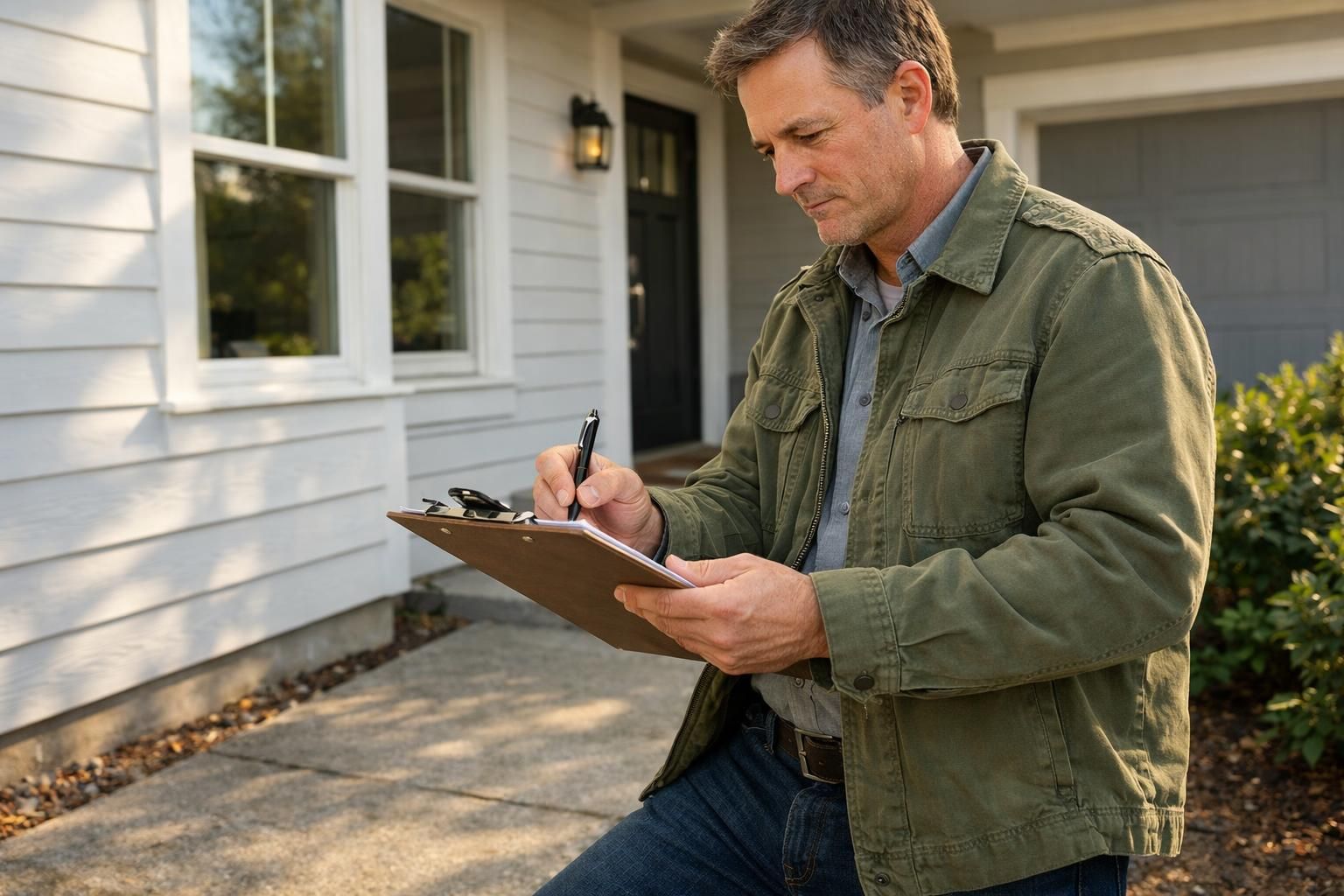 A focused appraiser inspects a renovated suburban house meticulously.