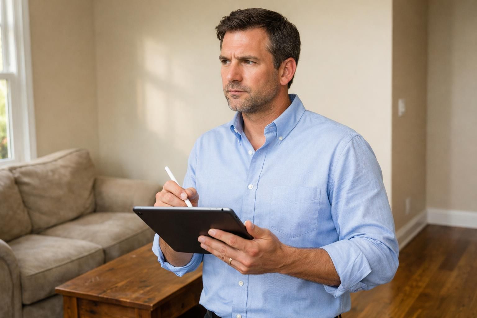 A focused man evaluates a property using a tablet during inspection.