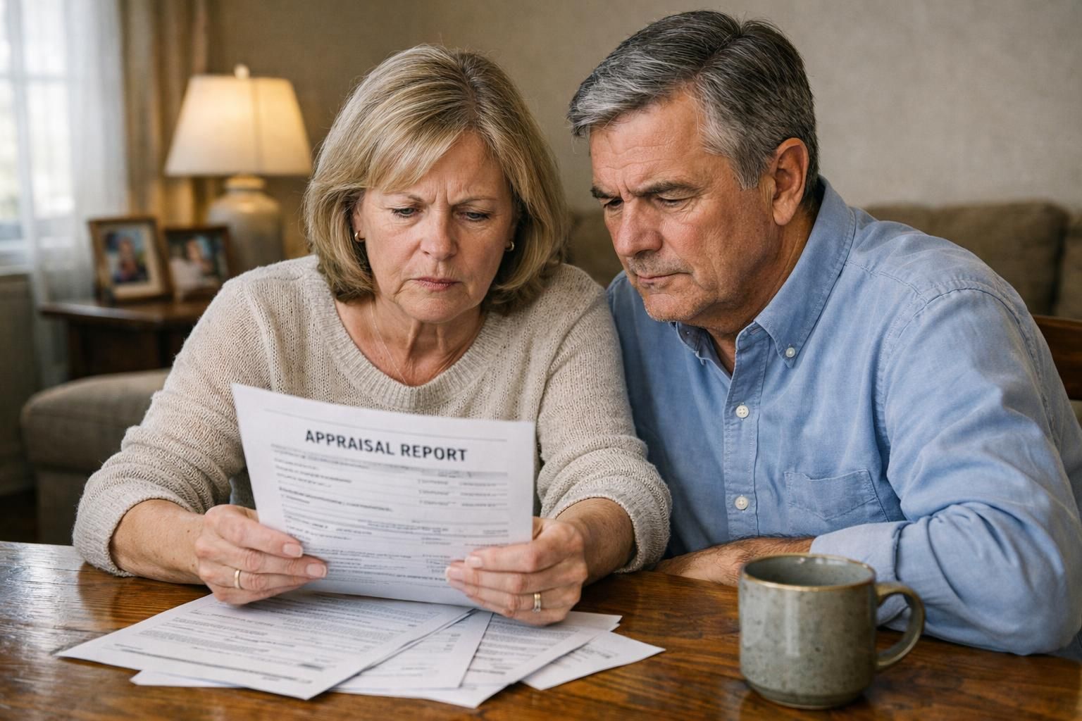An older couple reviews important paperwork at their dining table.