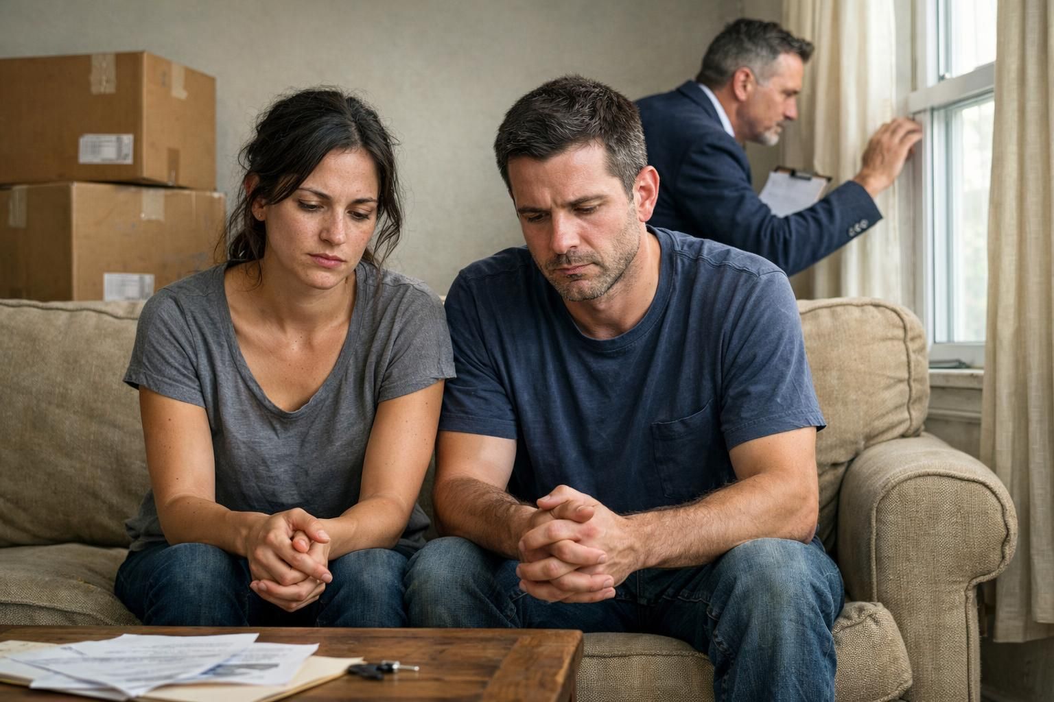A couple sits anxiously on a sofa during a home appraisal.