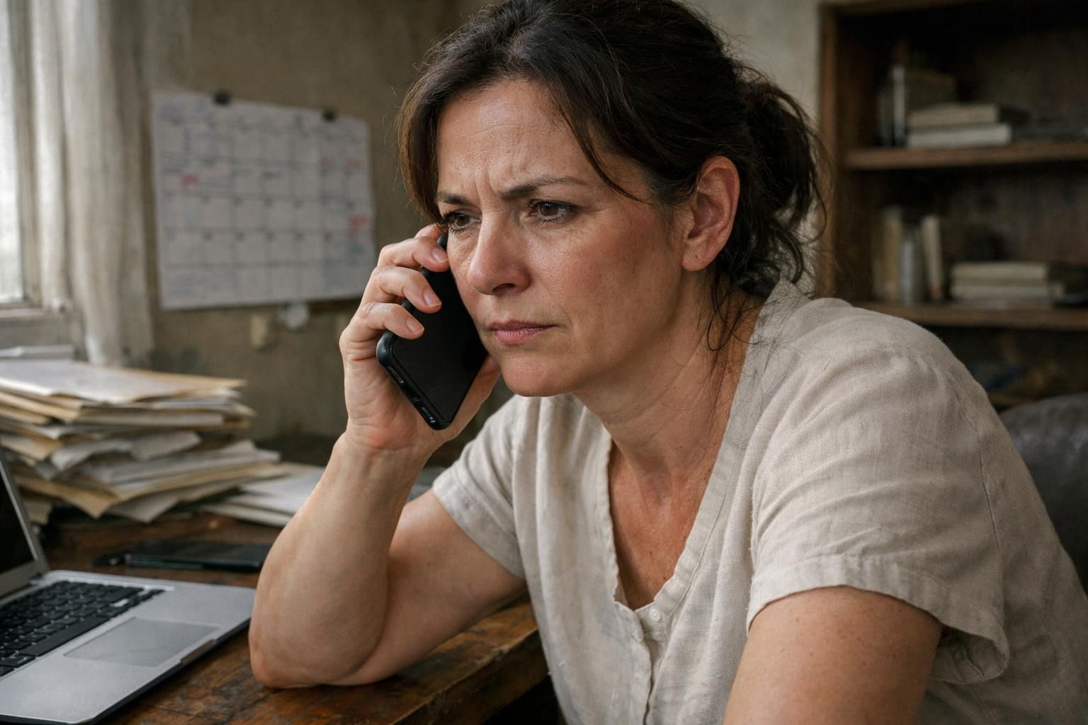 A stressed middle-aged woman speaks on her phone at a cluttered desk.