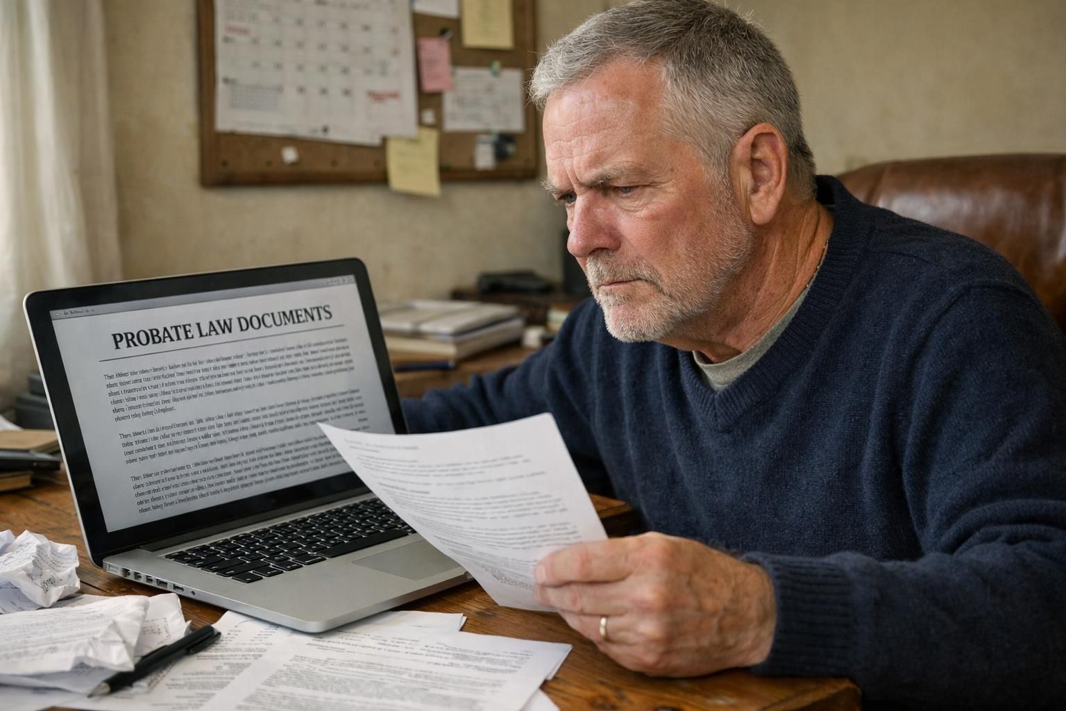 A stressed older man reviews probate law documents in his cluttered office.