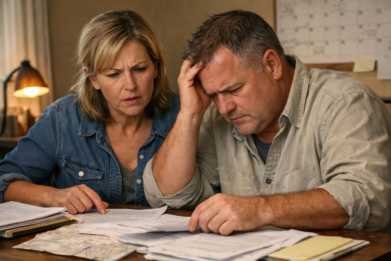 A concerned man and woman discuss scattered documents in a cluttered office.