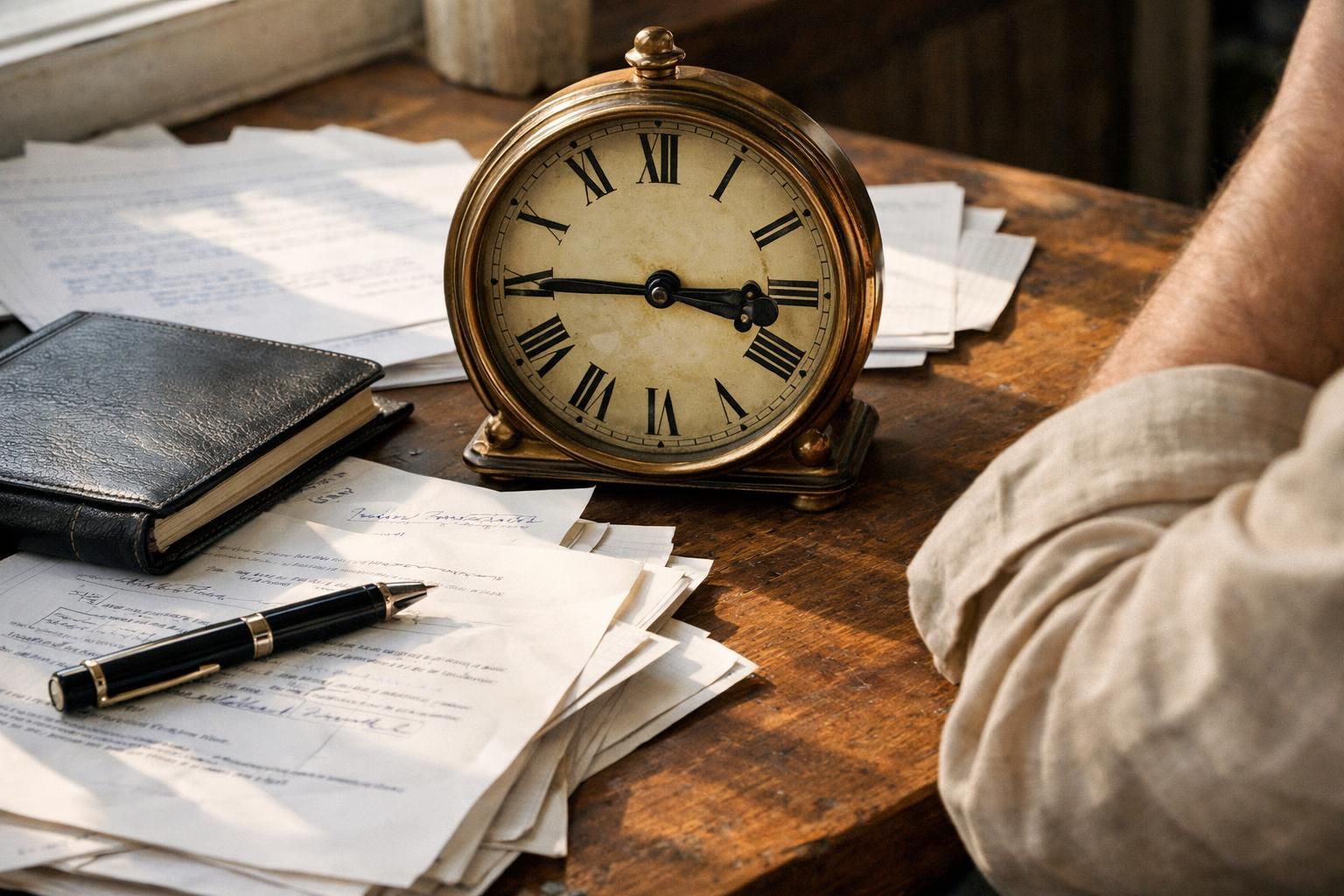 A cluttered desk features legal documents, a clock, and a notebook.