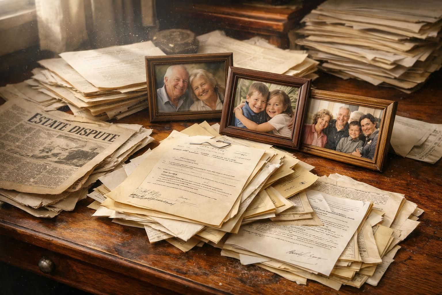A cluttered wooden desk holds aged documents, family photos, and newspapers.