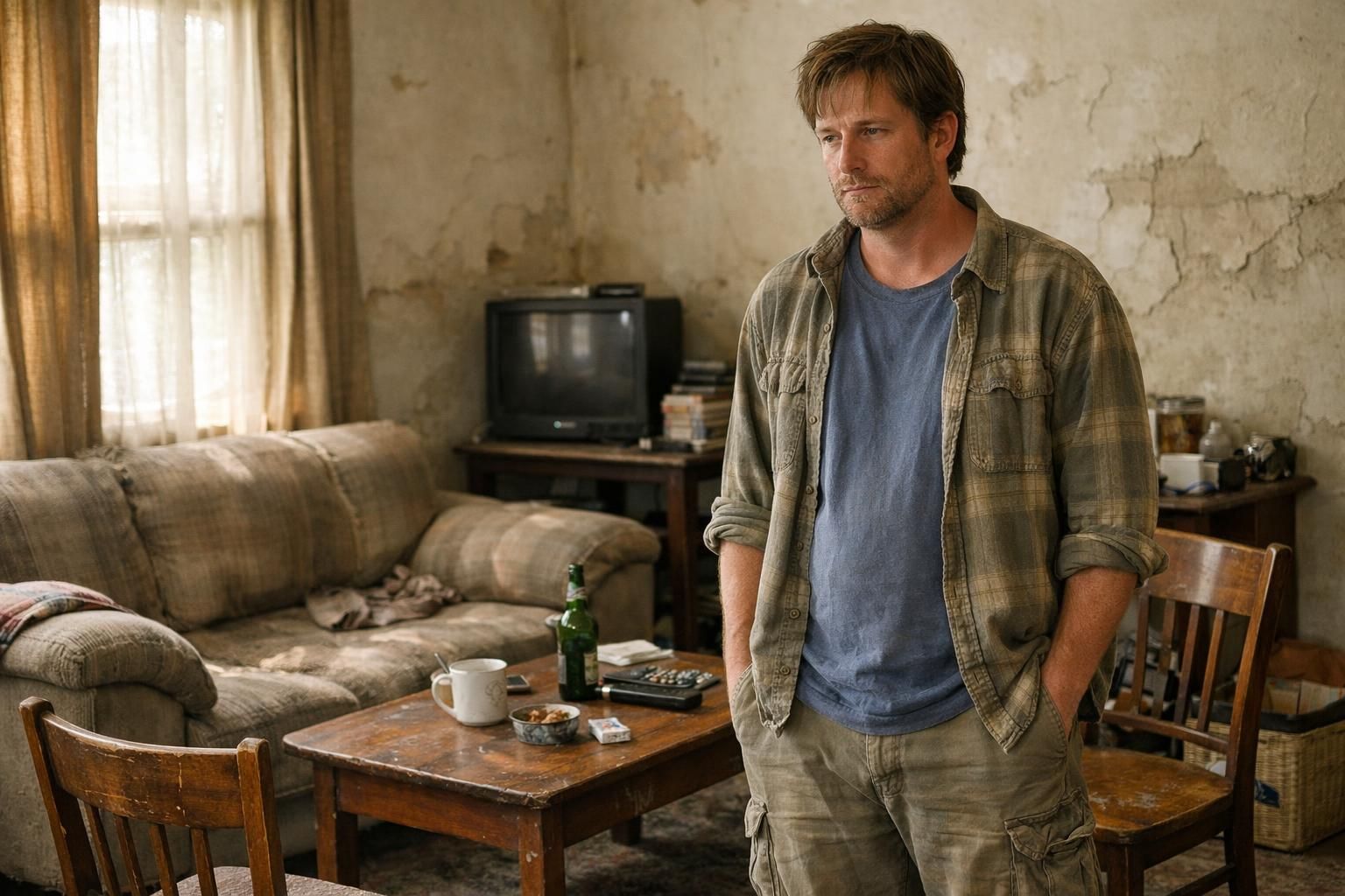 A cluttered living room reflects wear and neglect, evoking subtle stress.