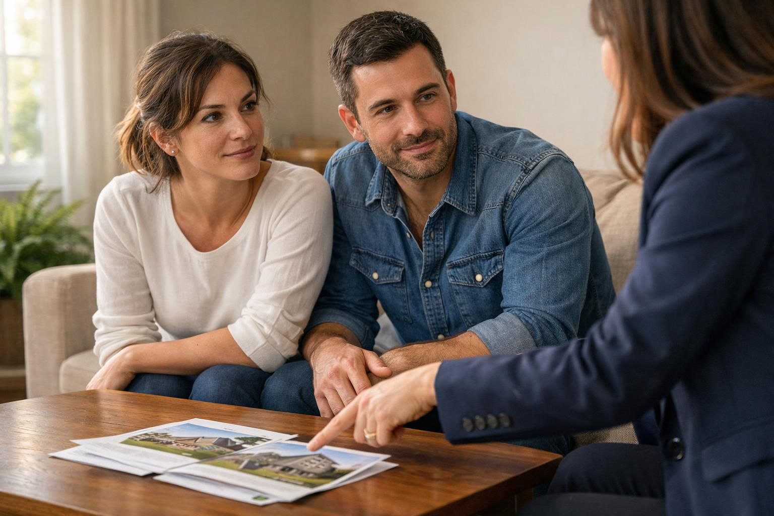 A couple consults a real estate agent in a cozy living room.
