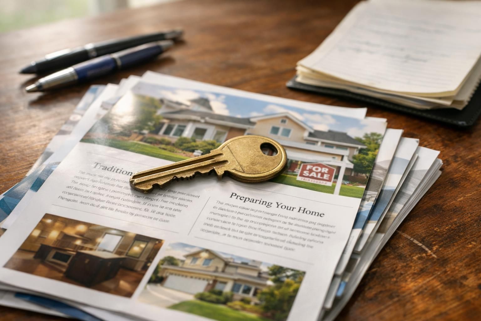 A brass key rests on scattered real estate brochures on a desk.