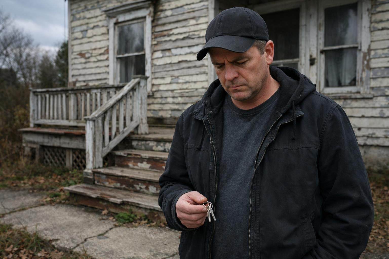 A worried person grips keys outside a deteriorating, neglected house.
