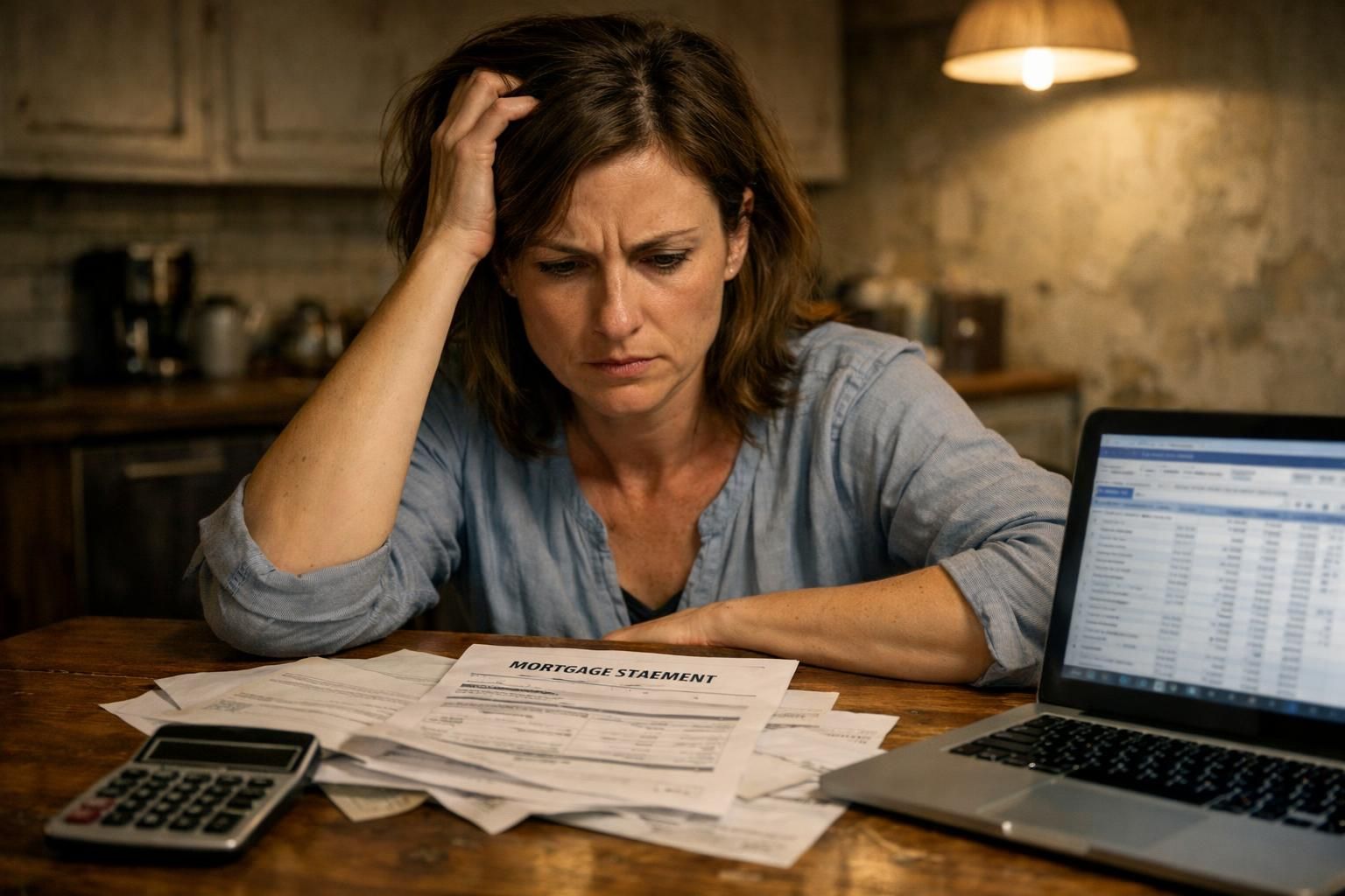 A woman appears stressed while managing bills at her kitchen table.