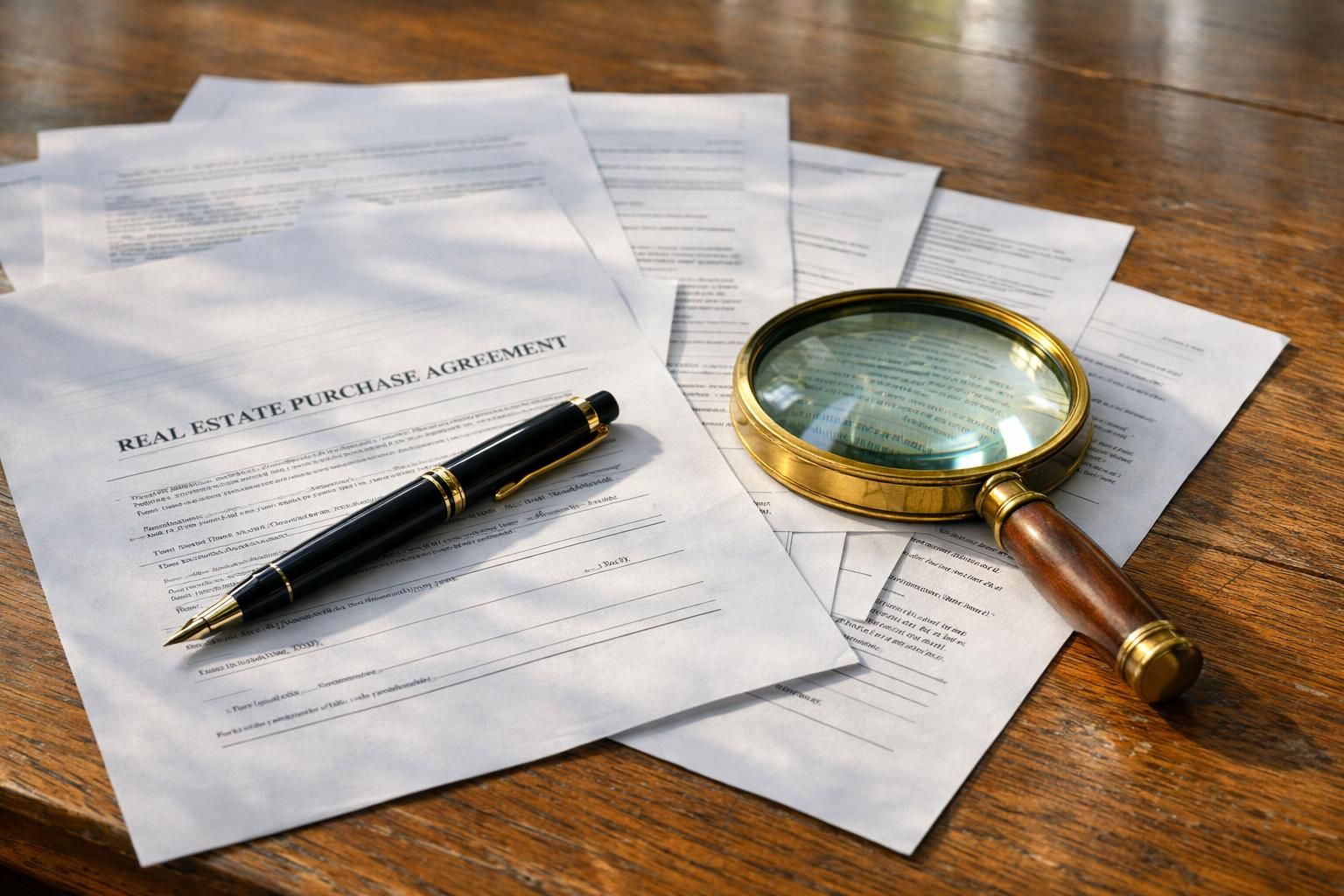 A close-up of property documents on a weathered oak table.