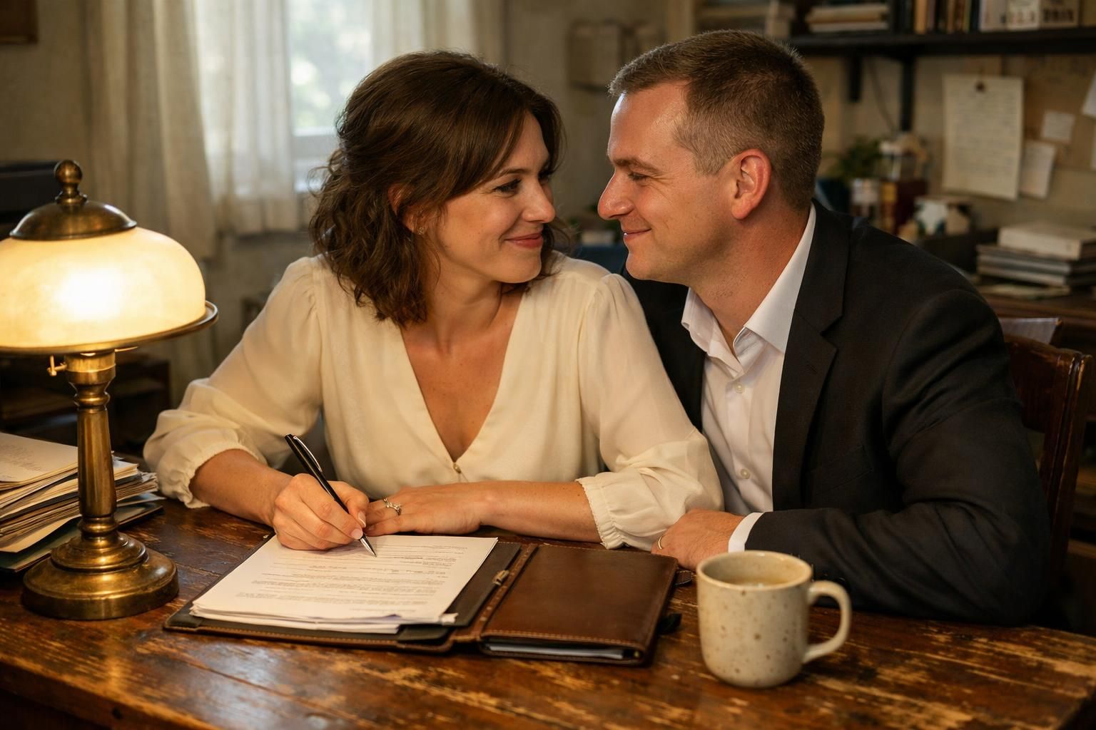 A couple signs documents at their modest home office table.