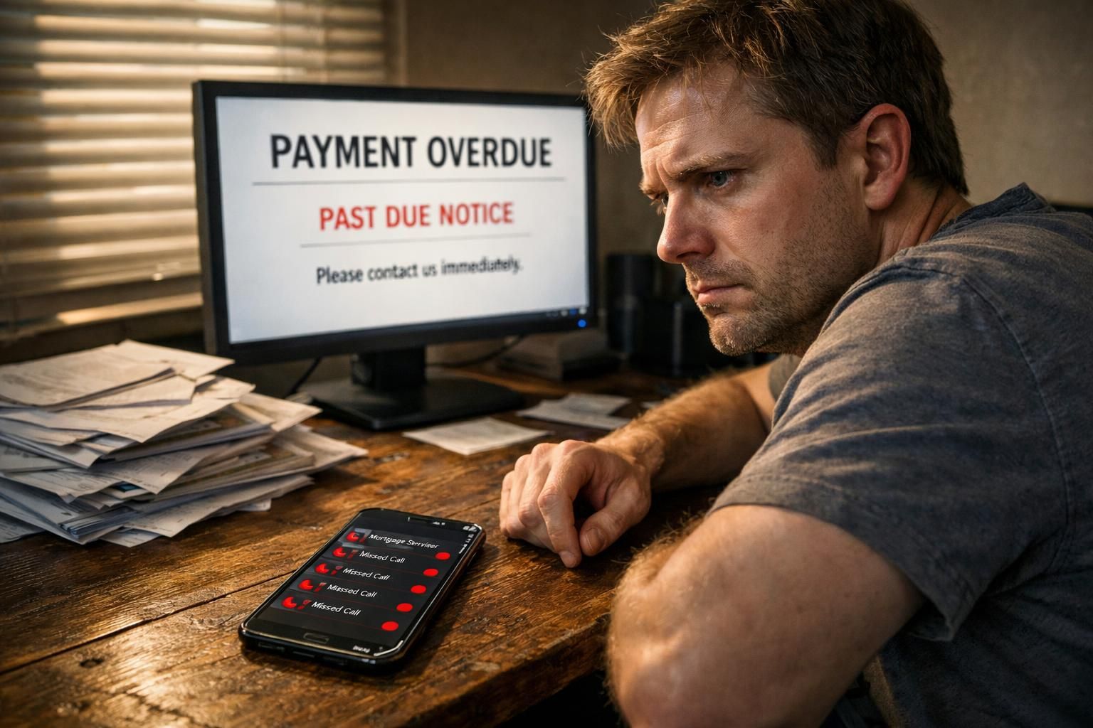 A stressed man contemplates missed payments amidst a cluttered desk.
