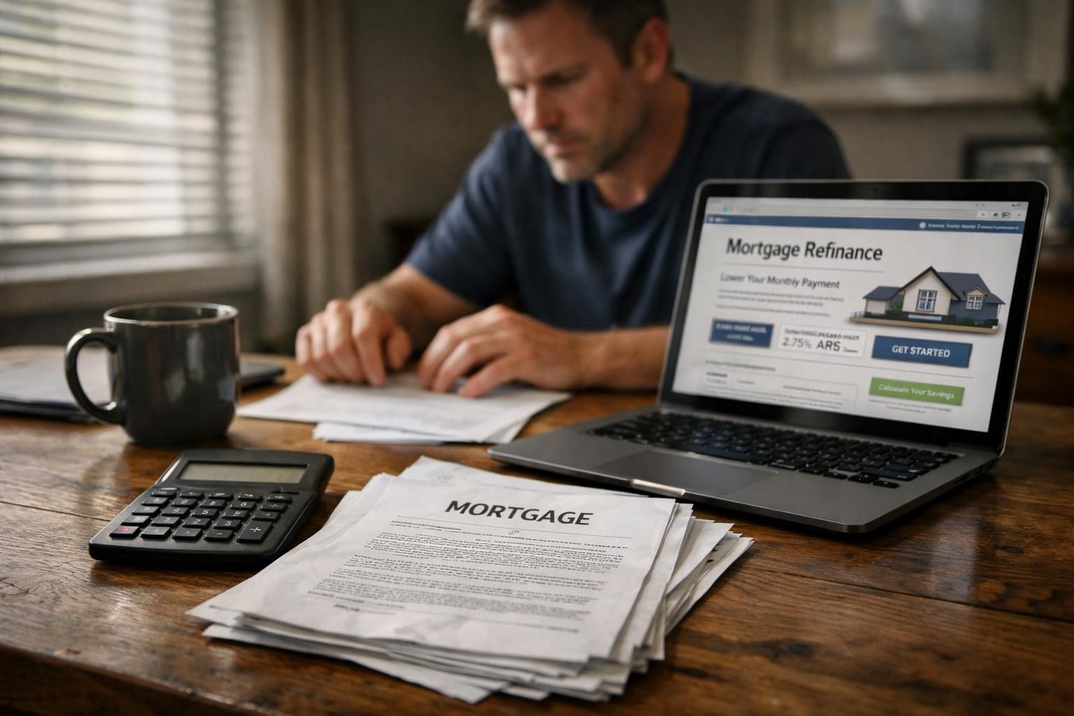 A man anxiously reviews mortgage documents in a home office.