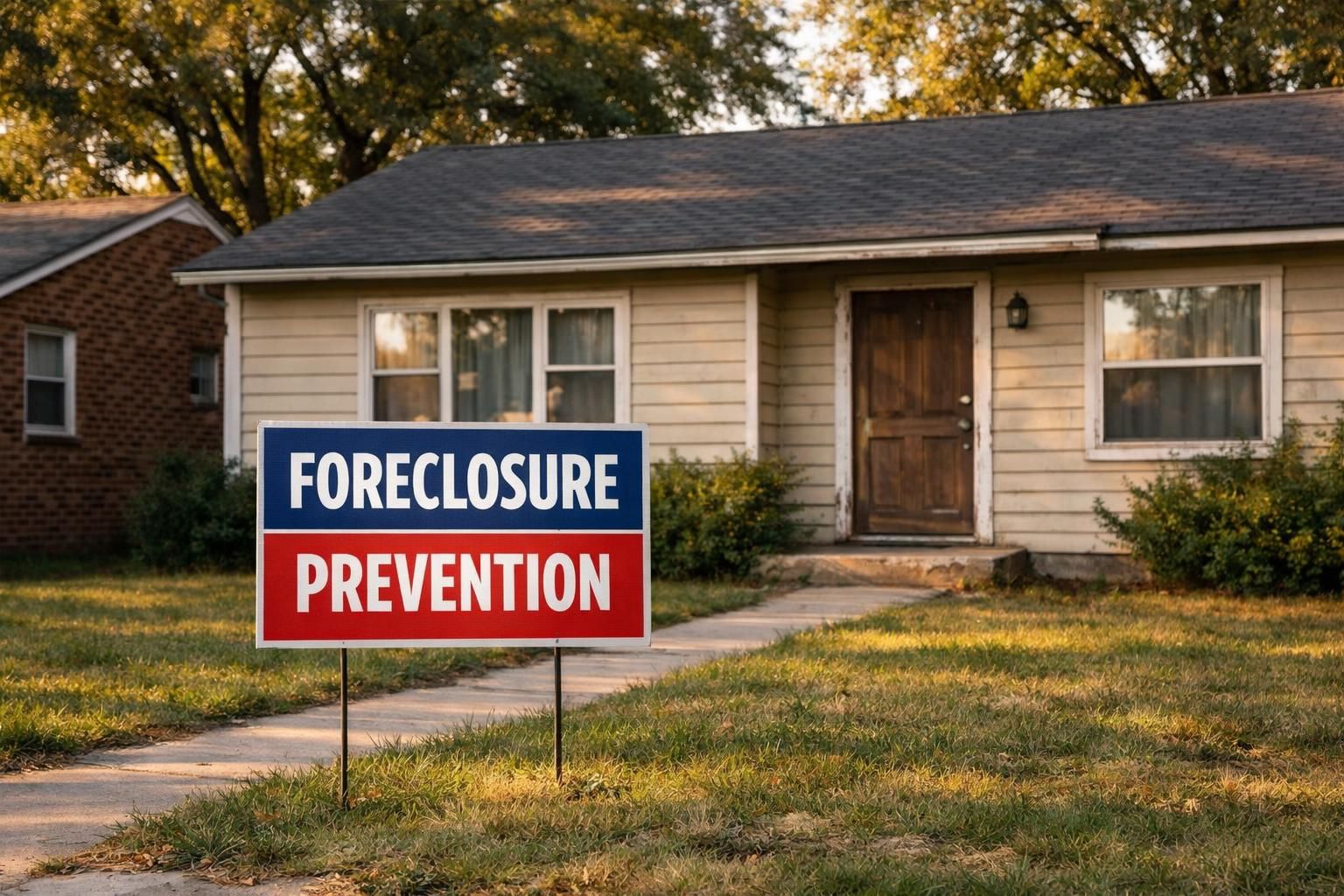 A modest suburban home displays a Foreclosure Prevention sign in the yard.