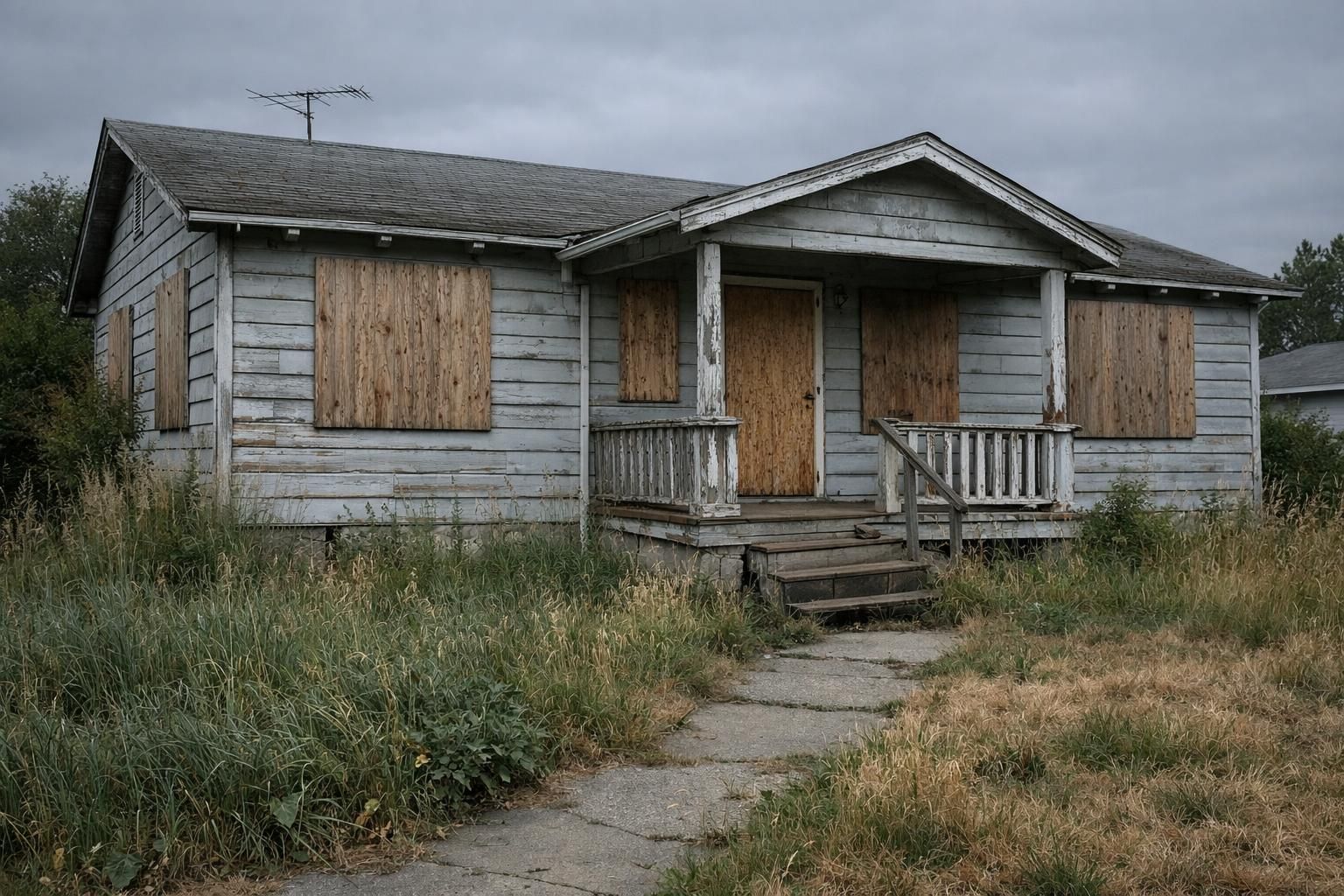Abandoned suburban house shows signs of decay and neglect.