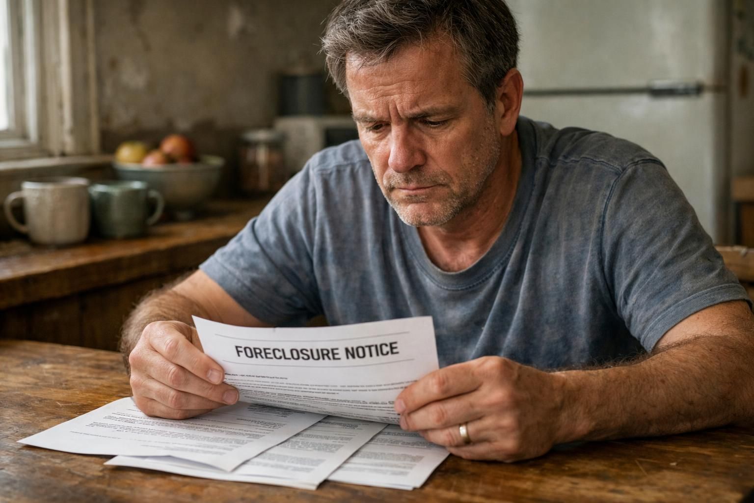 A troubled man reviews foreclosure documents at his kitchen table.