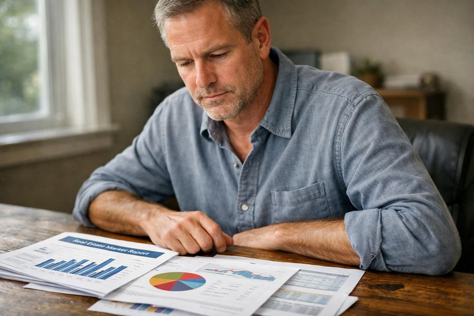 A middle-aged man reviews real estate market reports at his desk. A middle-aged man reviews real estate market reports at his desk.