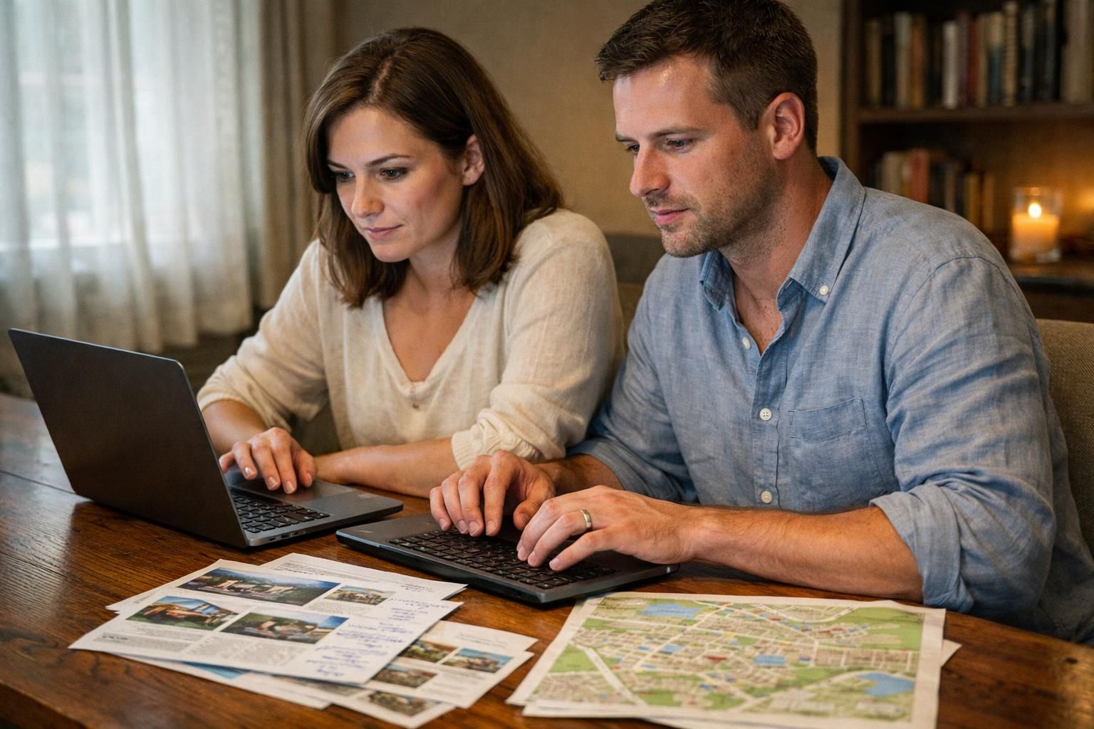 A couple intensely discusses real estate options at their dining table. A couple intensely discusses real estate options at their dining table.