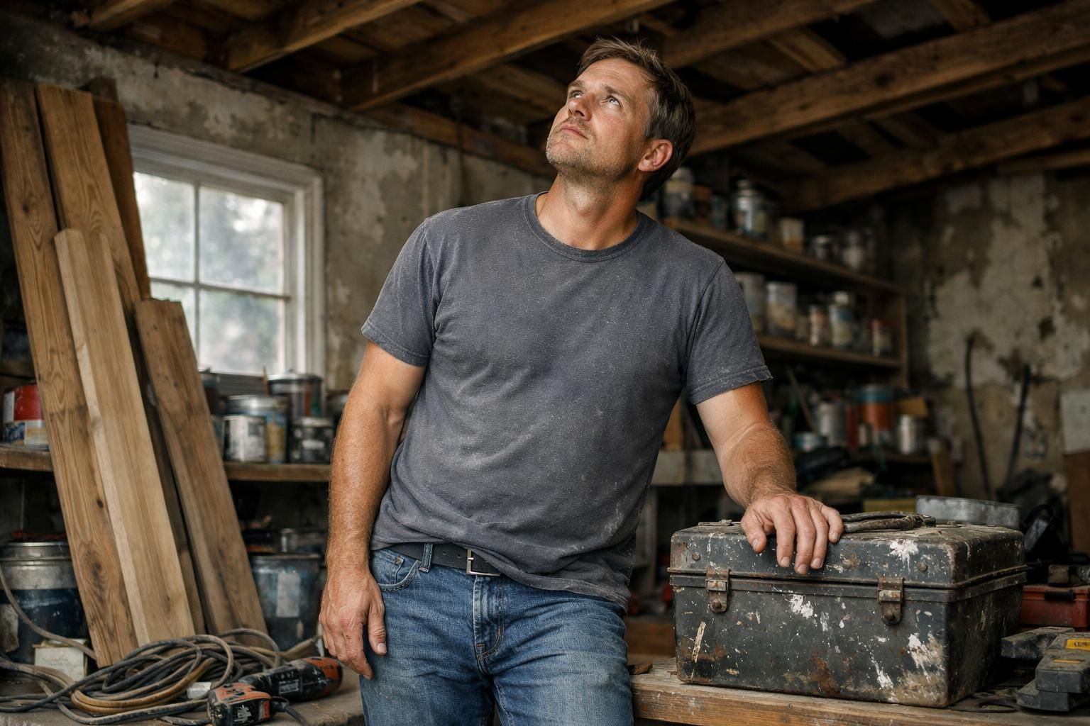 A homeowner inspects wooden rafters in a cluttered garage. A homeowner inspects wooden rafters in a cluttered garage.