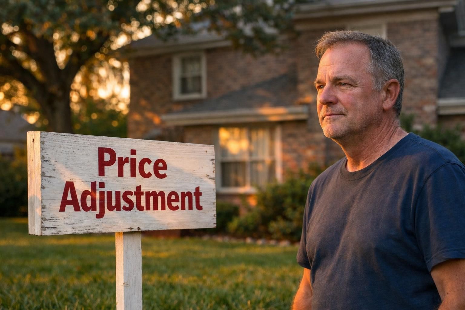 A weathered real estate sign indicates a price adjustment in a suburban yard. A weathered real estate sign indicates a price adjustment in a suburban yard.