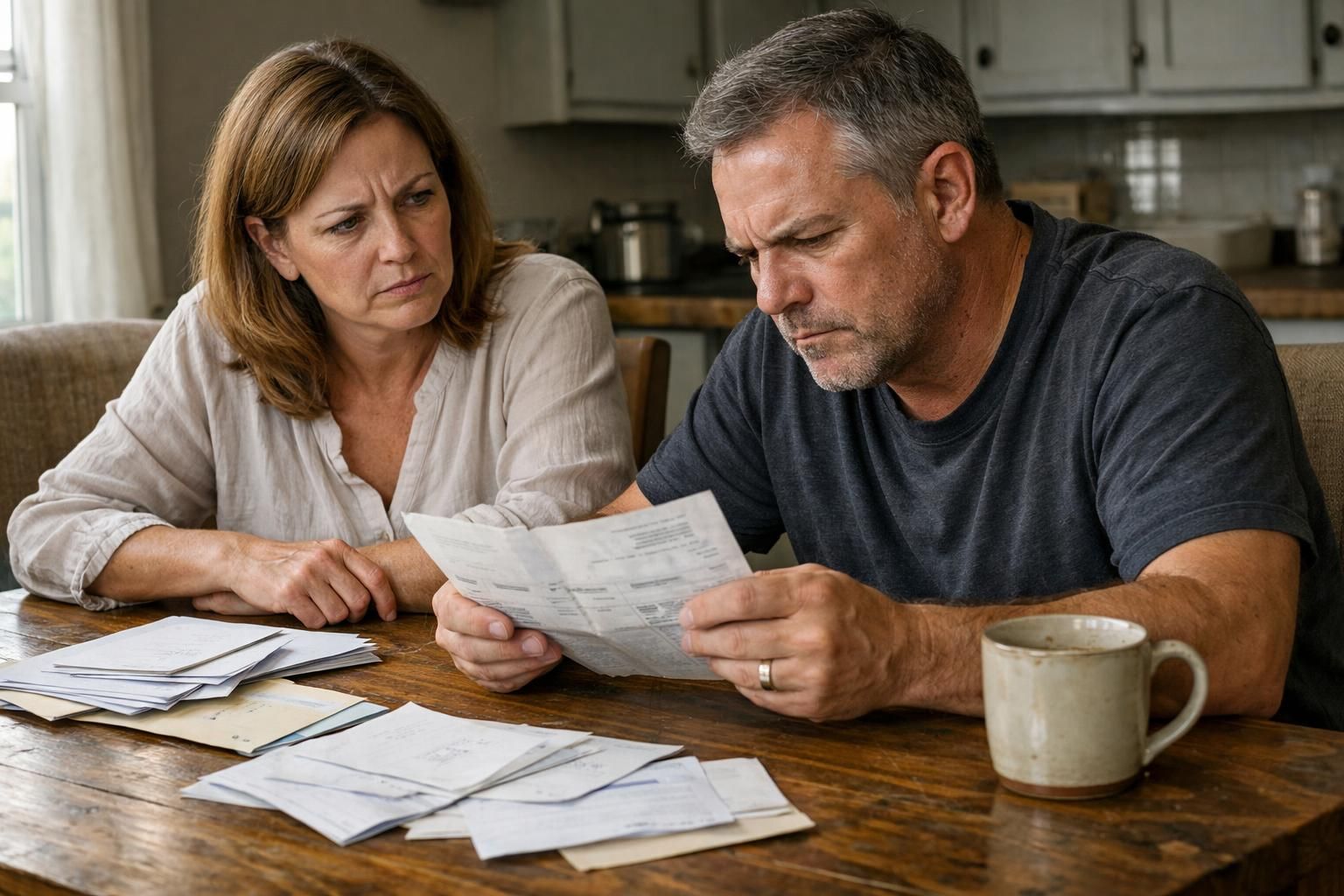 A couple experiences tension while discussing important documents at home.