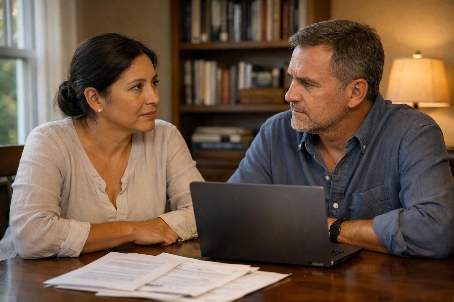 A woman and man discuss matters seriously at a dining table.