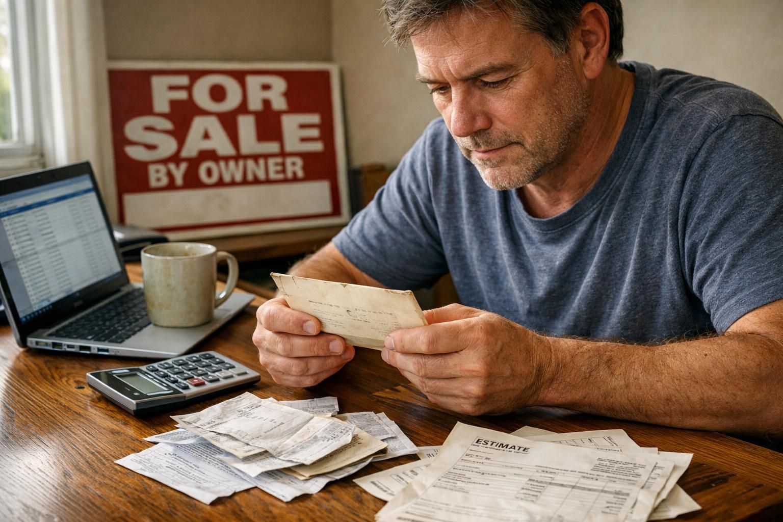A focused individual reviews documents while seated at a cluttered desk.