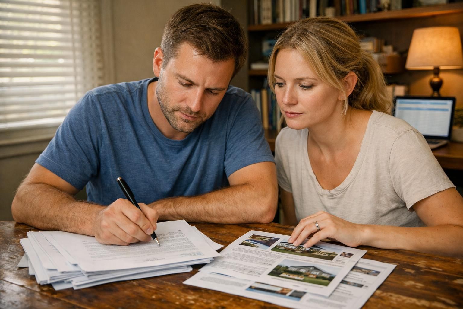 A couple reviews real estate documents at their home office table.