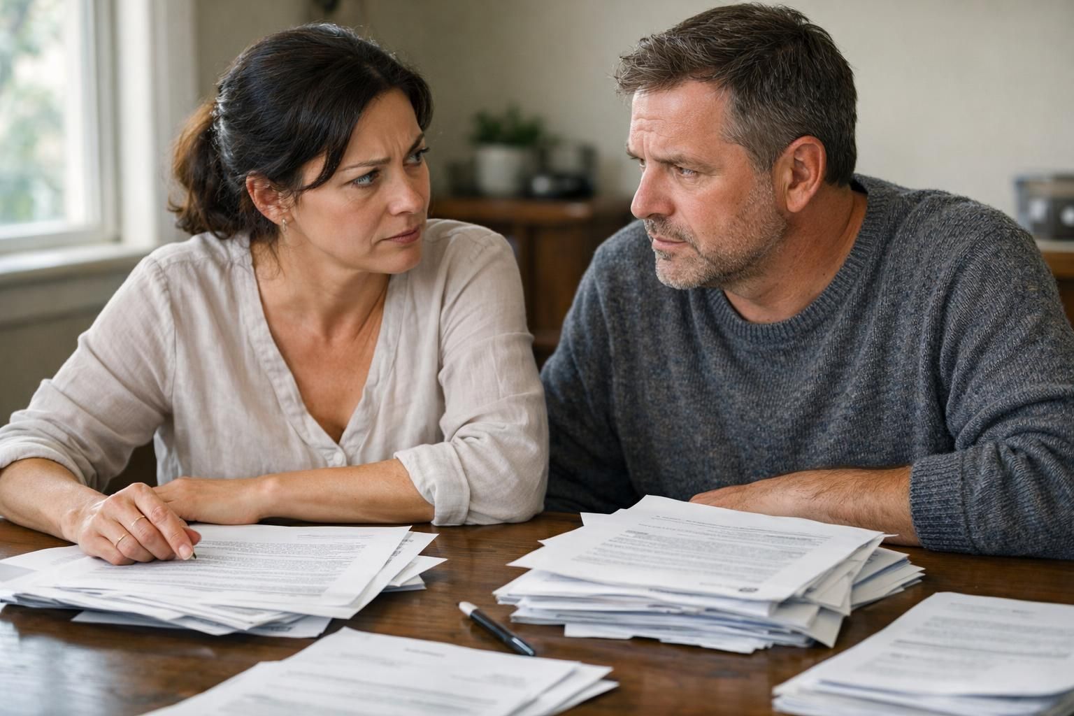 A frustrated couple reviews complicated real estate paperwork at their table.