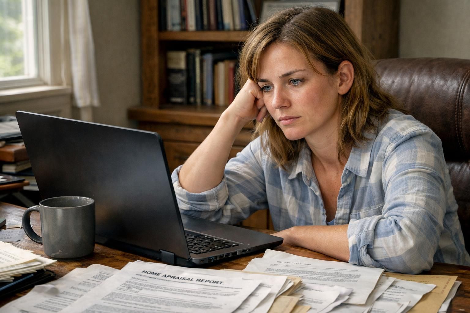 A cluttered home office with a focused individual at work.