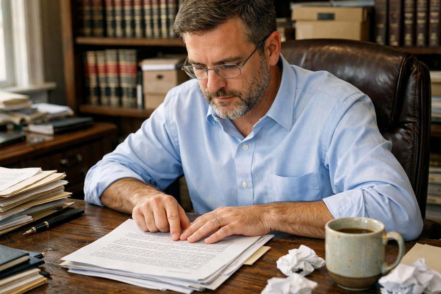 A focused real estate attorney works amidst a cluttered desk.
