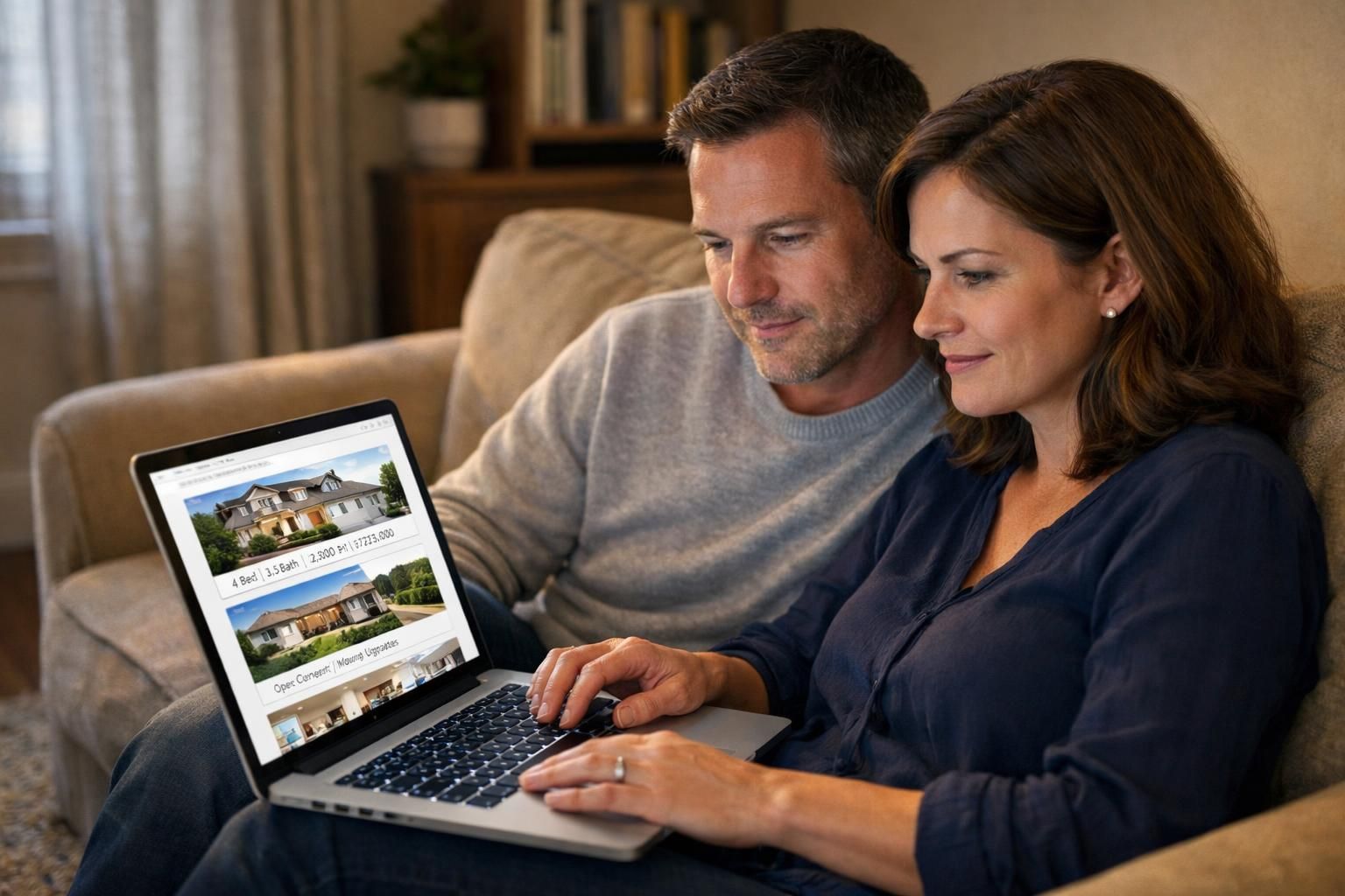 A couple closely examines real estate listings on a laptop.