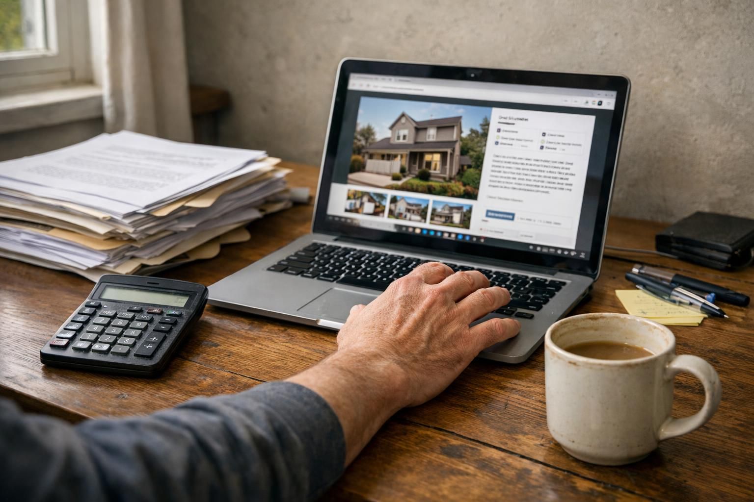 A cluttered home office with paperwork, a laptop, and coffee mug.