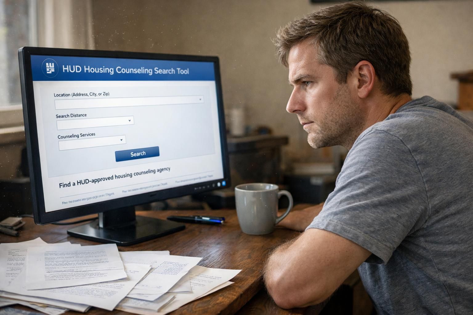 A focused individual works at a cluttered wooden desk. A focused individual works at a cluttered wooden desk.